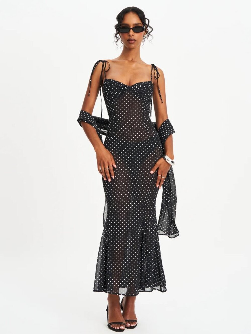 Miss Circle Yadira Black Base Polka Dot Chiffon Maxi Dress
